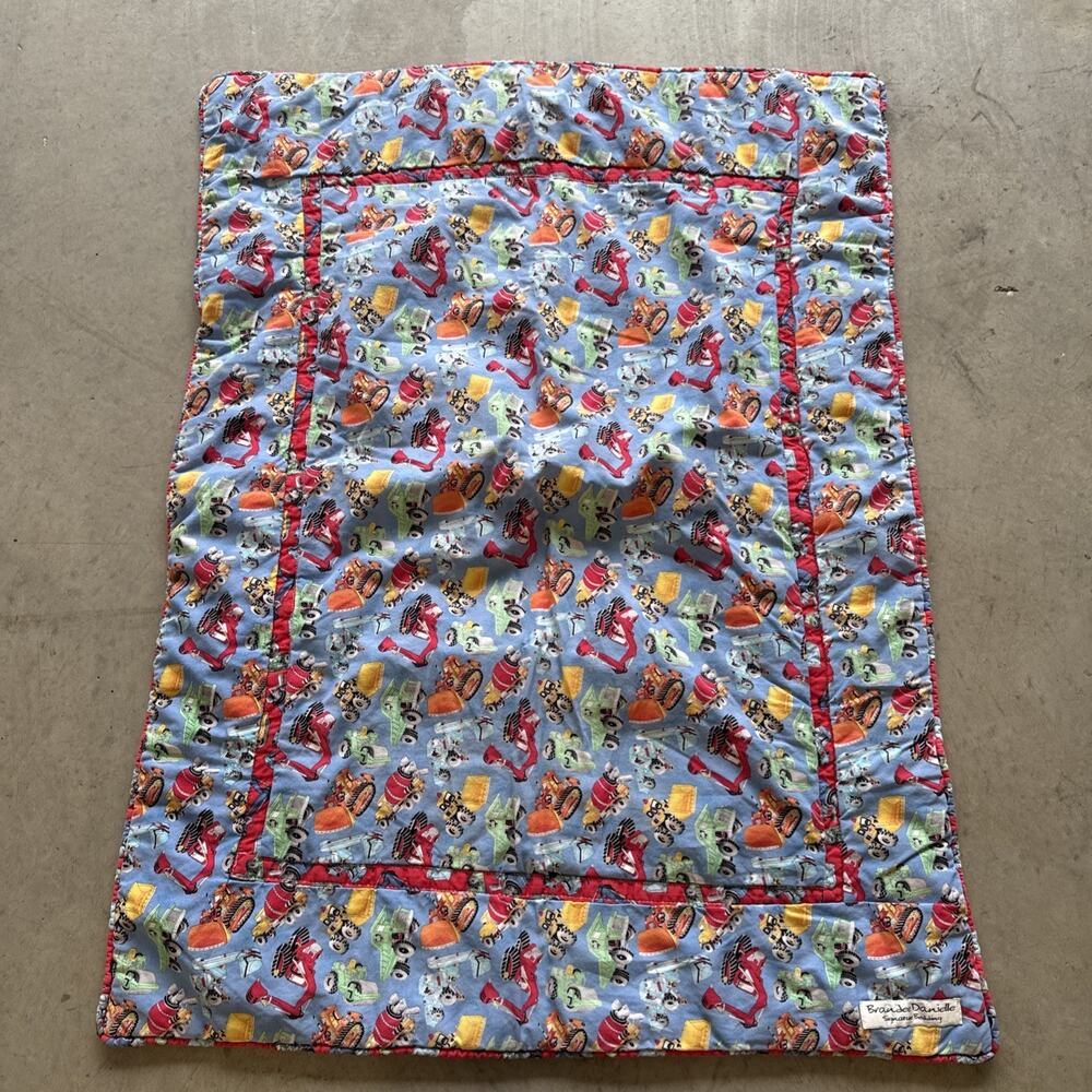 Baby Quilt Boy Construction Truck Handmade Crib Blanket Blue Red 37”‎ X 28”